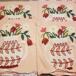 Embroidered Pink Vase Flower Pillow Covers