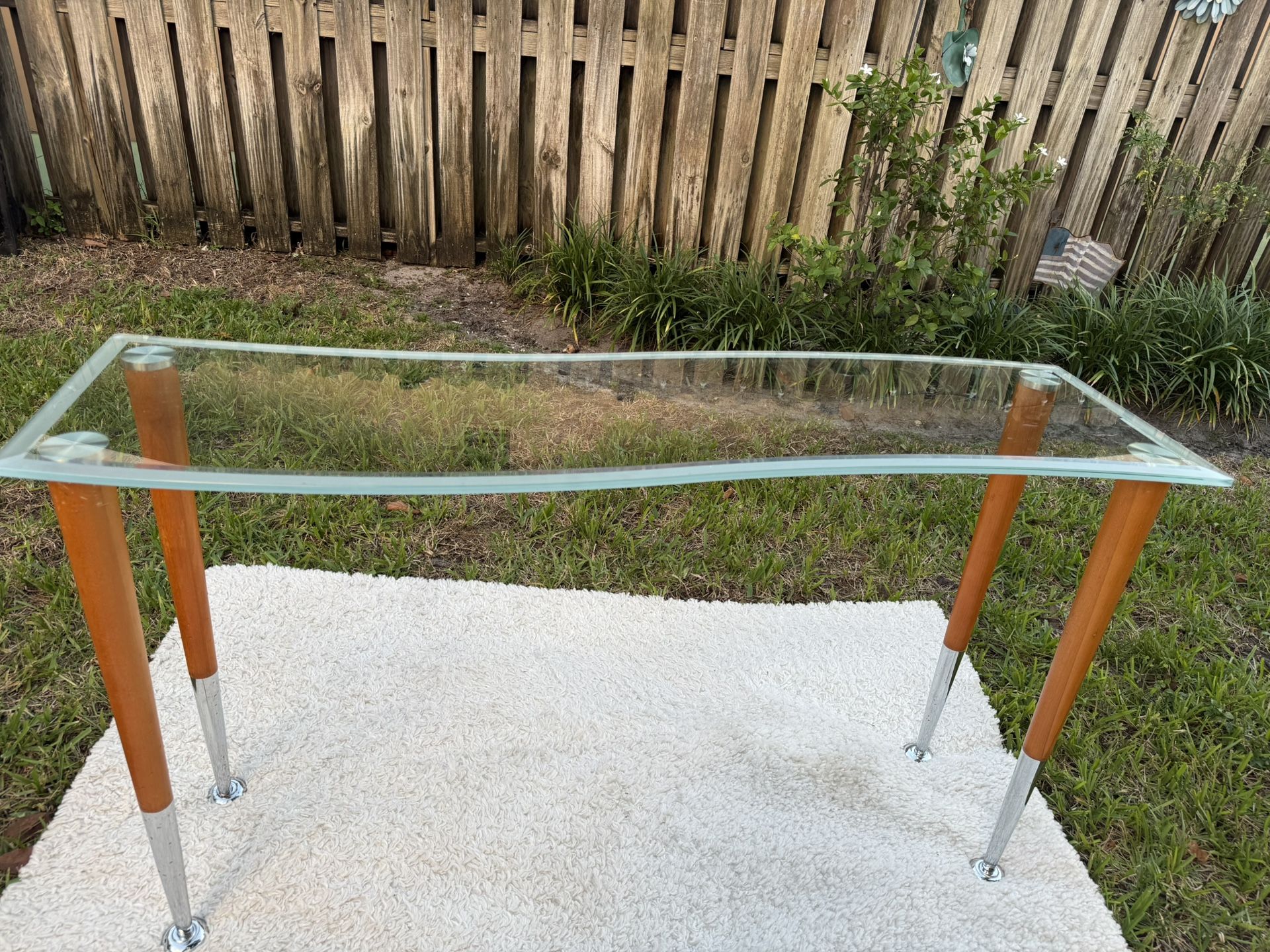 Rectangle Curved Semi-Frost Glass Top Tables Joined w/ 4 Screw-on Maple Chrome Steel Legs, Set