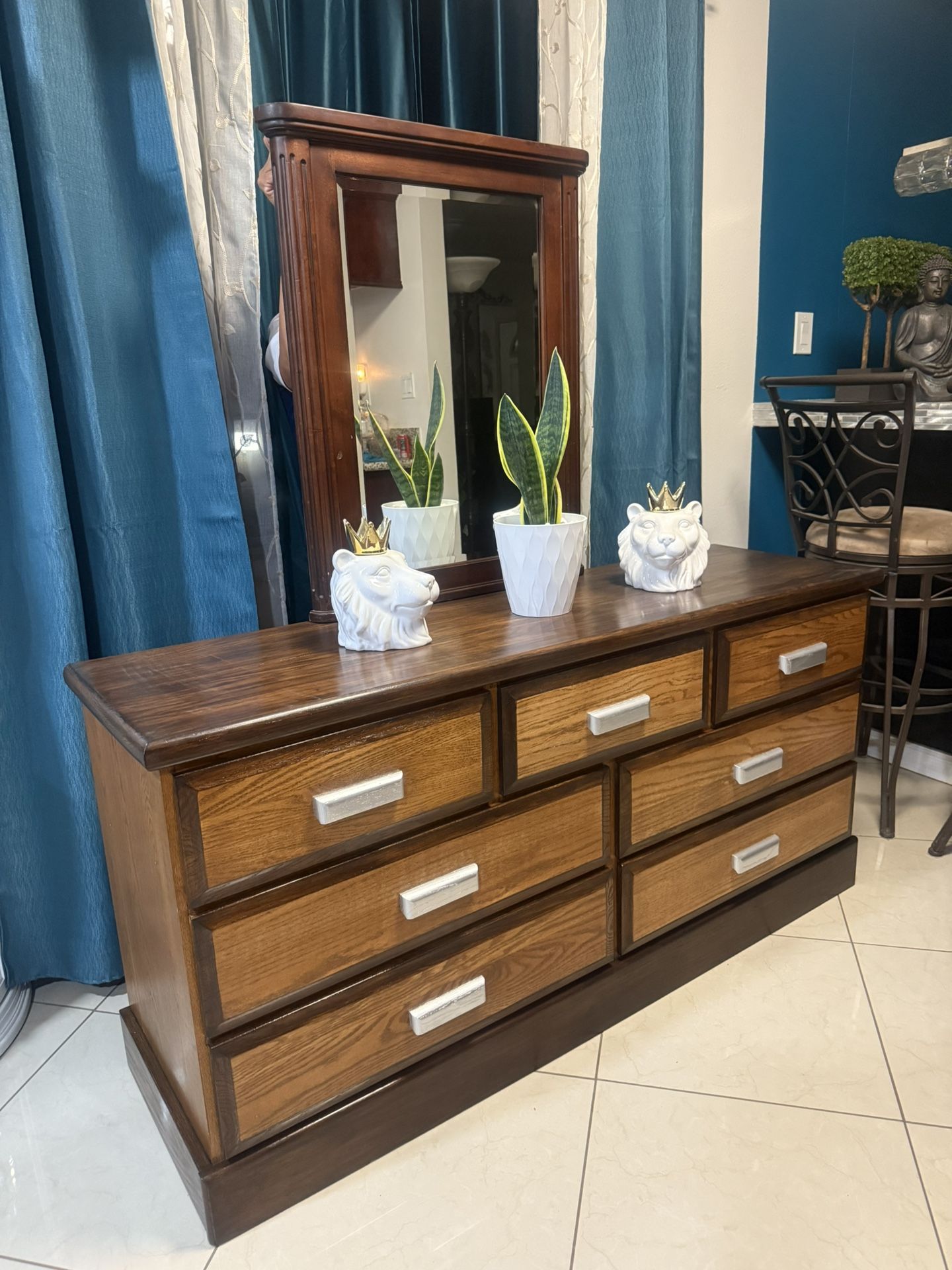 Solid Wood Dresser 63” Long 18” Wide And 30 1/2” High With Mirror In Good Condition