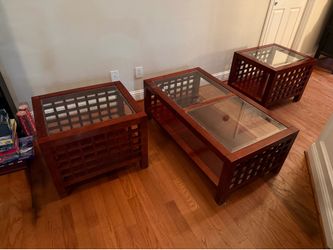 3-Piece Cherry Wood & Glass Coffee Table Set – Coffee Table + 2 End Tables