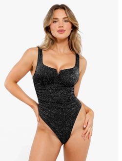 Popilush Sparkly Tops for Women - Square Neck Shapewear Bodysuit Tummy Control Sleeveless Body suit Going Out Tank Top