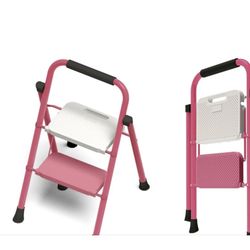 Ladder 2 Step Ladder,Portable Folding Step Stool with Wide Anti-Slip Pedal and Comfort Handgrip,500 lbs Capacity Steel Ladder Multi-Use Household,Rose