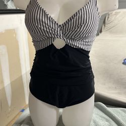 One Piece Swimsuit Black/ White Stripes L