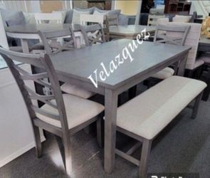 ✅️✅️6 pc Grey  Color dining table set padded seat chairs and bench✅️✅️✅️