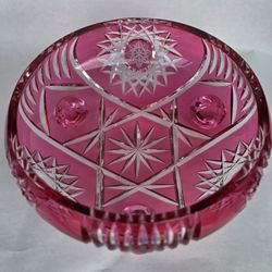 Cranberry Cut To Clear Crystal Bowl 