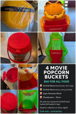 4 Collectible Movie Popcorn Buckets - Garfield, Slimer & Nintendo - $60