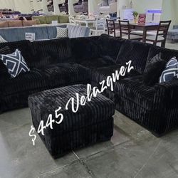✅️✅️ 4pc Black  corduroy fabric upholstered sectional sofa with ottoman ✅️✅️
