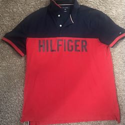 Tommy Hilfiger Spell Out Two Tone Rugby Polo Shirt Men’s size XL navy & red
