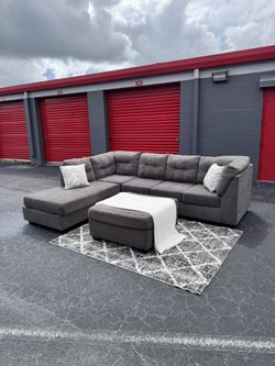 Grey L-Shaped Sectional Couch with Ottoman- FREE DELIVERY