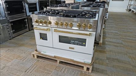 ZLINE Autograph Edition 48 in. 6.7 cu. ft. Classic Double Oven Gas Range with 8 Burner Cooktop in Stainless Steel with White Matte Doors and Champagne