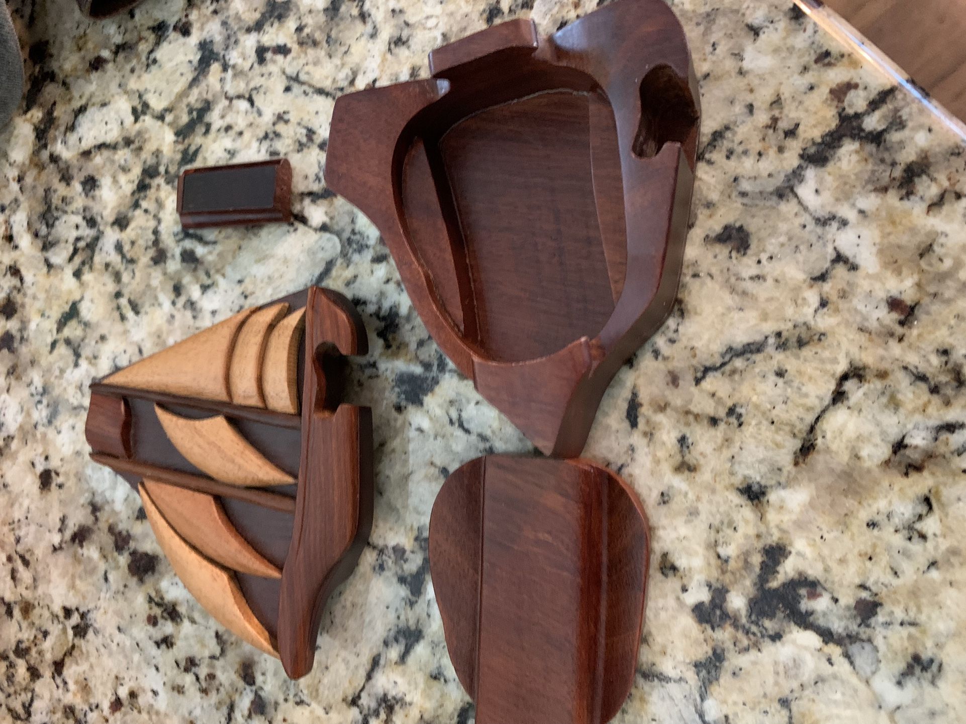 Solid Carved Wood Sailboat Puzzle Storage Box In Multiple Type Of Woods, Tons Of Details, Great Gift Idea