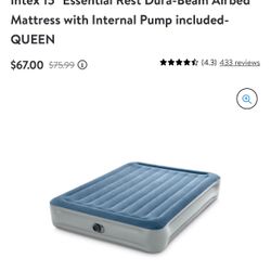 Brand new in box Intex 15" Essential Rest Dura-Beam Airbed Mattress with Internal Pump included- QUEEN