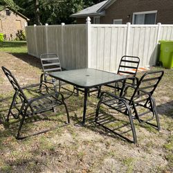 Outdoor Dining Set 5 Piece Glass Table w/ Umbrella Slot , 4 Adjustable Reclining Chairs