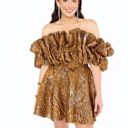 BUDDY LOVE CAROLINE EXAGGERATED RUFFLE DRESS - BRONZE NWT size Small