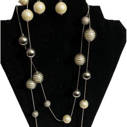 Madison Ave Double Strand Floating White Silver Tone Wired Faux Pearls Set 