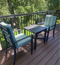 3 pce compact patio set- coffee table, 2 chairs , 2 matching cushions