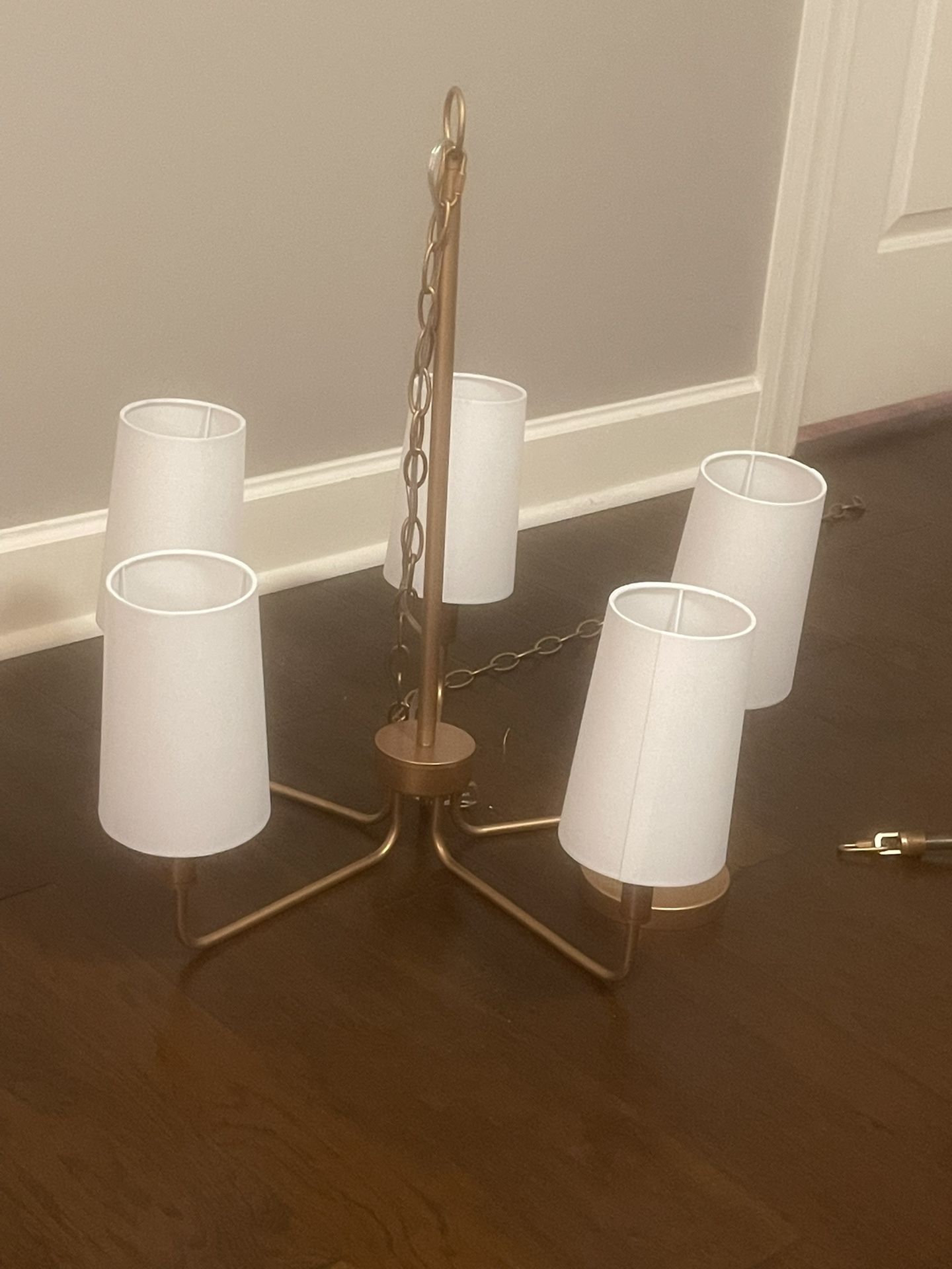Muted Gold Linear 5-Light Chandelier Farmhouse Island Lighting Fixture Muted Gold with Fabric Shades, White Fabric Shade, Dining Room, Kitchen