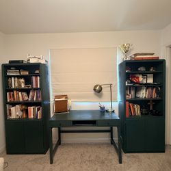 Dark Green Office Desk And Bookshelves 