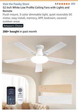 Passky 52 Inch White Low Profile Ceiling Fan with Light and Remote