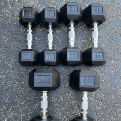 SET  OF  NEW  RUBBER  DUMBBELLS  (PAIRS OF)  :  10s  15s  30s