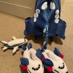 Airplane Rolling Backpack & Slippers Set