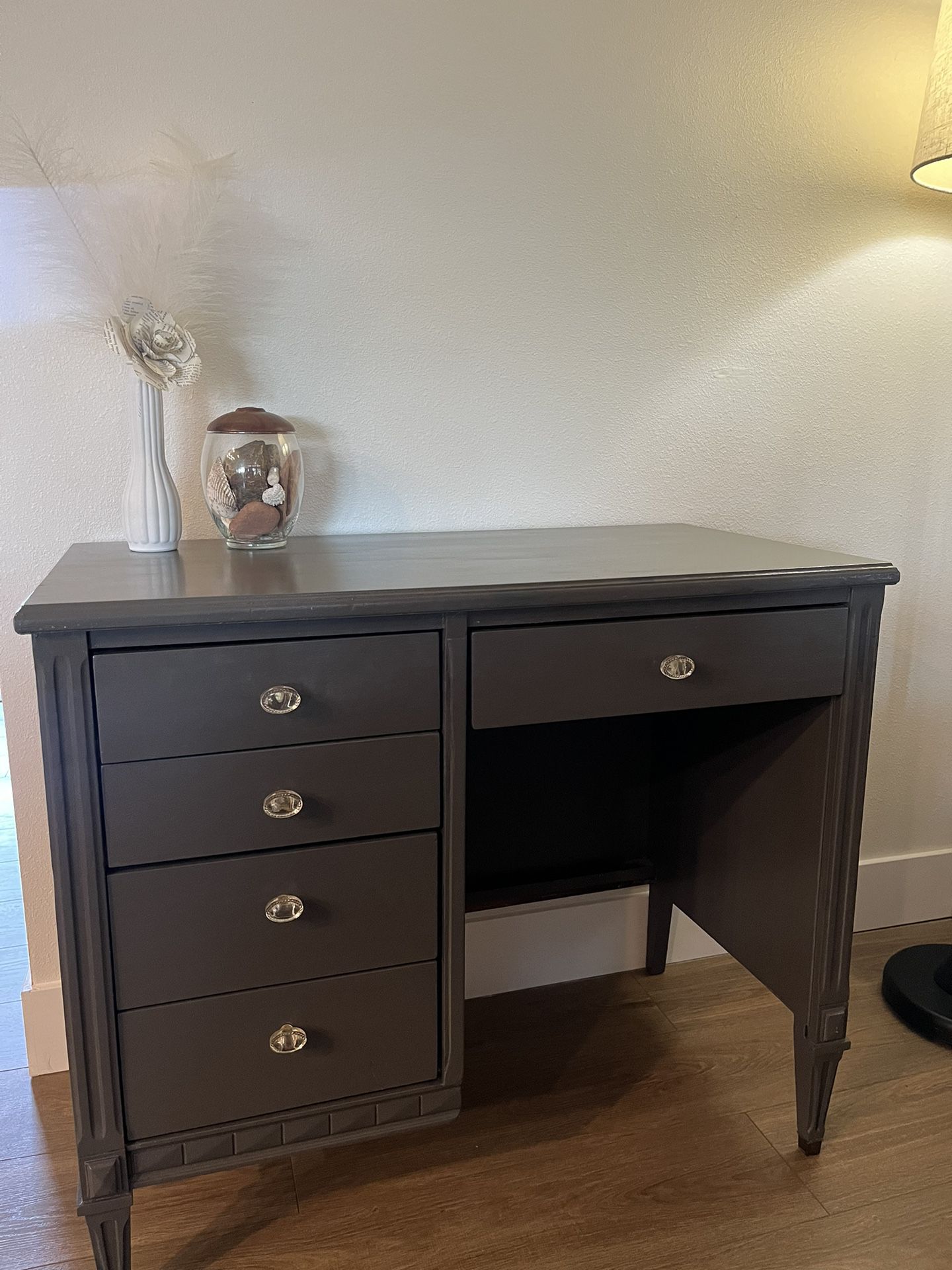 Grey Wooden Desk With Glass Knobs