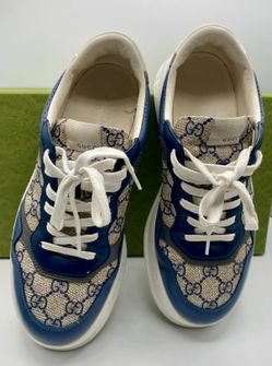 Gucci GG Canvas Blue Leather Sneakers Trainers Style 669582 Size 7.5 w/ Box