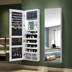 LED Jewelry Mirror Cabinet 47.2", Wall/ Door Mounted Jewelry Armoire Organizer, with Storage
