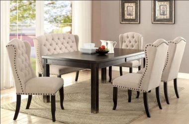 Brand New Rustic Antique Black, Beige Wingback Design 6pc Dining Table Set