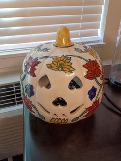 Ceramic Floral Pumpkin Luminary Candle Holder