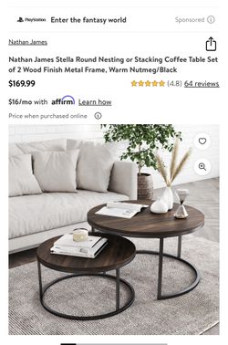 Nathan James Stella Round Nesting or Stacking Coffee Table Set of 2 Wood Finish Metal Frame, Warm Nutmeg/Black