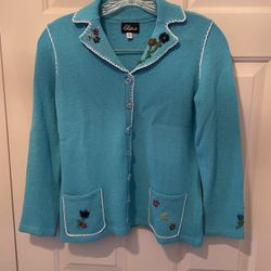 Elaris- Women’s Small Teal/Aqua Cardigan- Small Front Pockets, Floral Beading