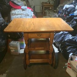 Vintage Solid Oak Drop Leaf Tea Cart Rolling Bar Serving Cart Drawer Pull Out Tray