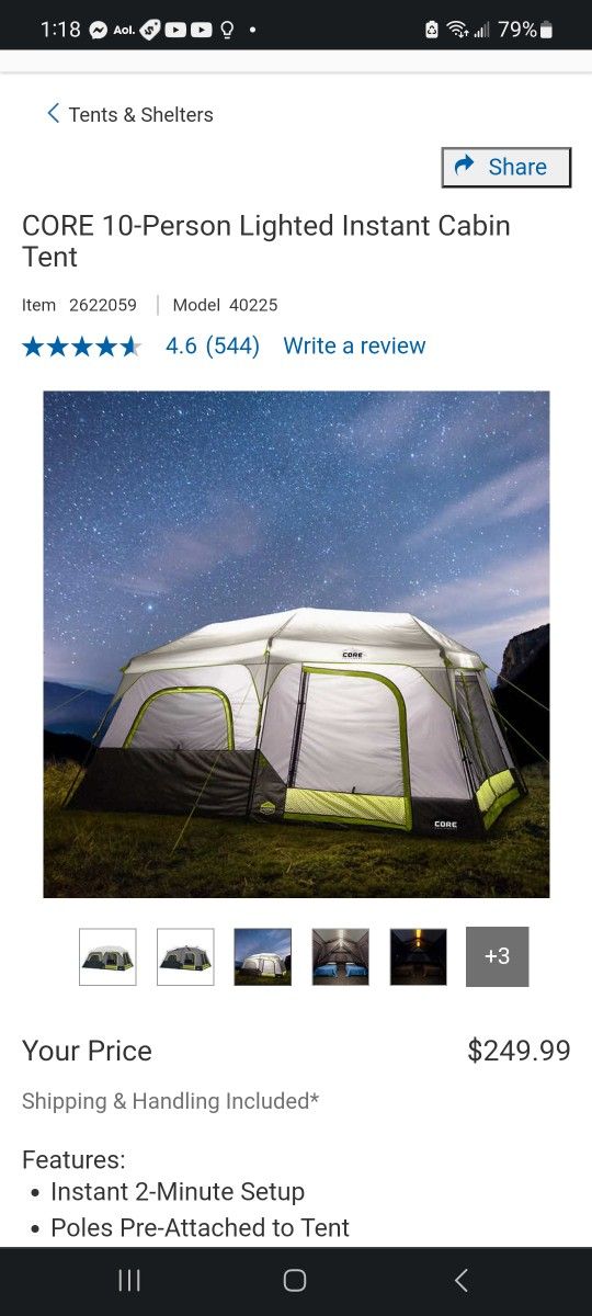 CORE 10-Person Lighted Instant Cabin Tent $200