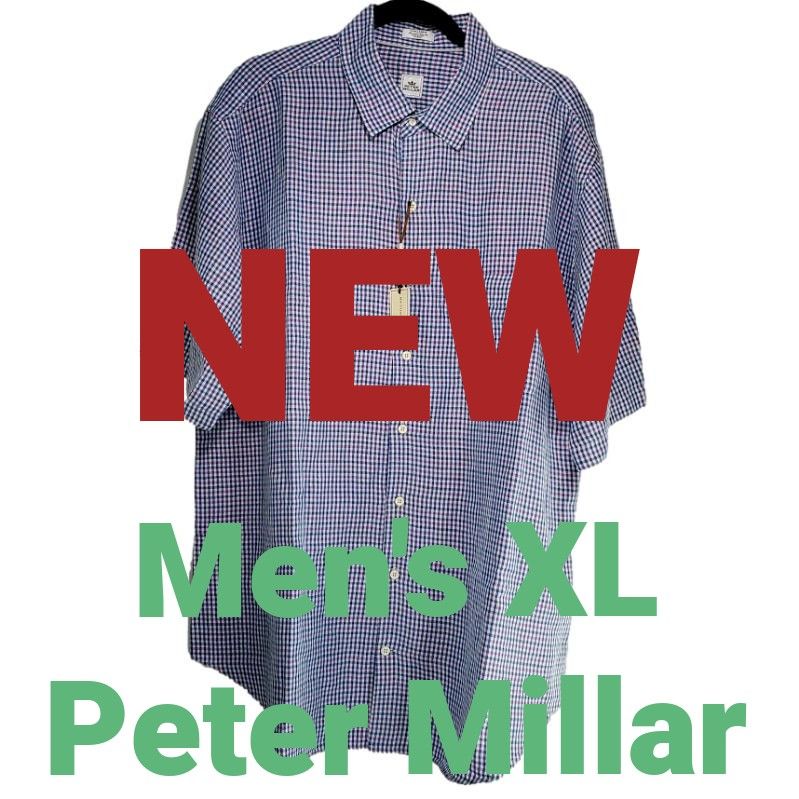 New Peter Millar Men's XL Short Sleeve Button Shirt Linen Silk   Gigham  Plaid Blue