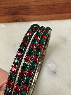 Vintage Red & Green Rhinestone Bangle Bracelet Set