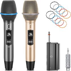 Wireless Microphones, Dual UHF Microphone System with Rechargeable Receiver, Metal Karaoke Microphone for Singing, Wedding, DJ, Party, Speech, Church,