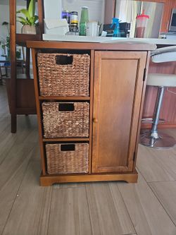 Wood Storage Cabinet with 3 Wicker Baskets