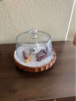 Glass Cloche with Scalloped Wood Base