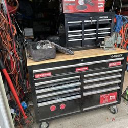 Lots Of Tools In Tool Box With Electrical outlet With Saws, Polisher, And Vice 