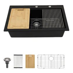 LORDEAR
Drop-In 33 in.Single Bowl Matte Black Quartz Composite Workstation Kitchen Sink with Strainer