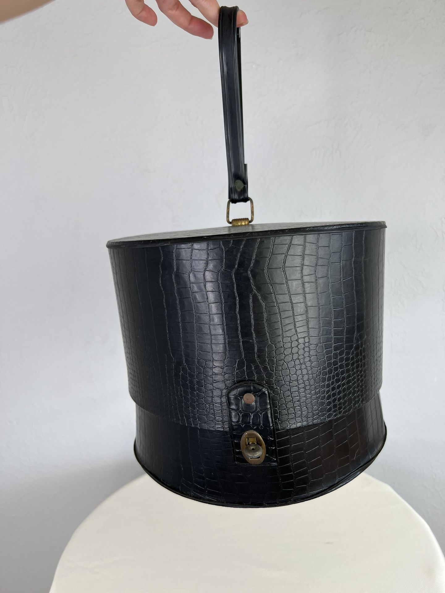 Vintage 1940s Black Patent Faux Alligator Hat Box