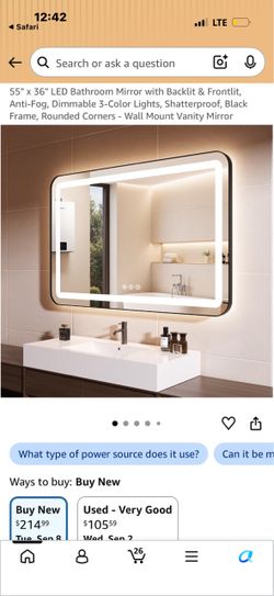 55" x 36" LED Bathroom Mirror with Backlit & Frontlit, Anti-Fog, Dimmable 3-Color Lights, Shatterproof, Black Frame, Rounded Corners - Wall Mount Vani