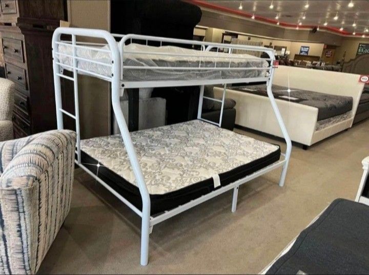 🏎️ New🏎️$20 Down Payment Finance 🏎️Opal White Twin Full Bunk Bed