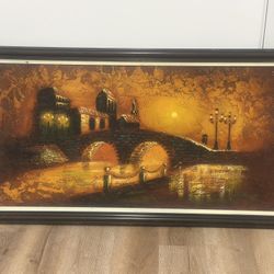 Gorgeous Large Mid Century Oil Painting of  European Bridge over River on Canvas
