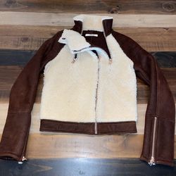 J Brand Sherpa Fleece Leather Suede Biker Jacket w/ Rose Gold Detailing