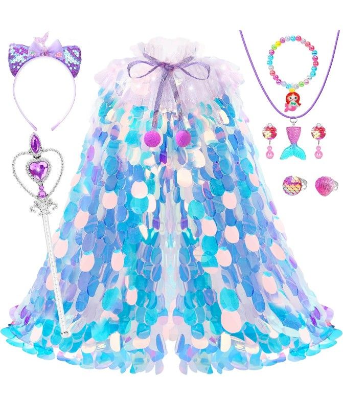 Princess Dress Up for Girls 4-6, Mermaid Toddler Toys for Ages 3-8, 8 Pcs Shiney Sequin Princess Cape Set Kids Toys, Princess Girl Toys for Easter Hal