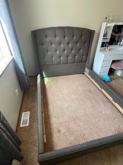 Full size dark gray bed frame, box spring and mattress