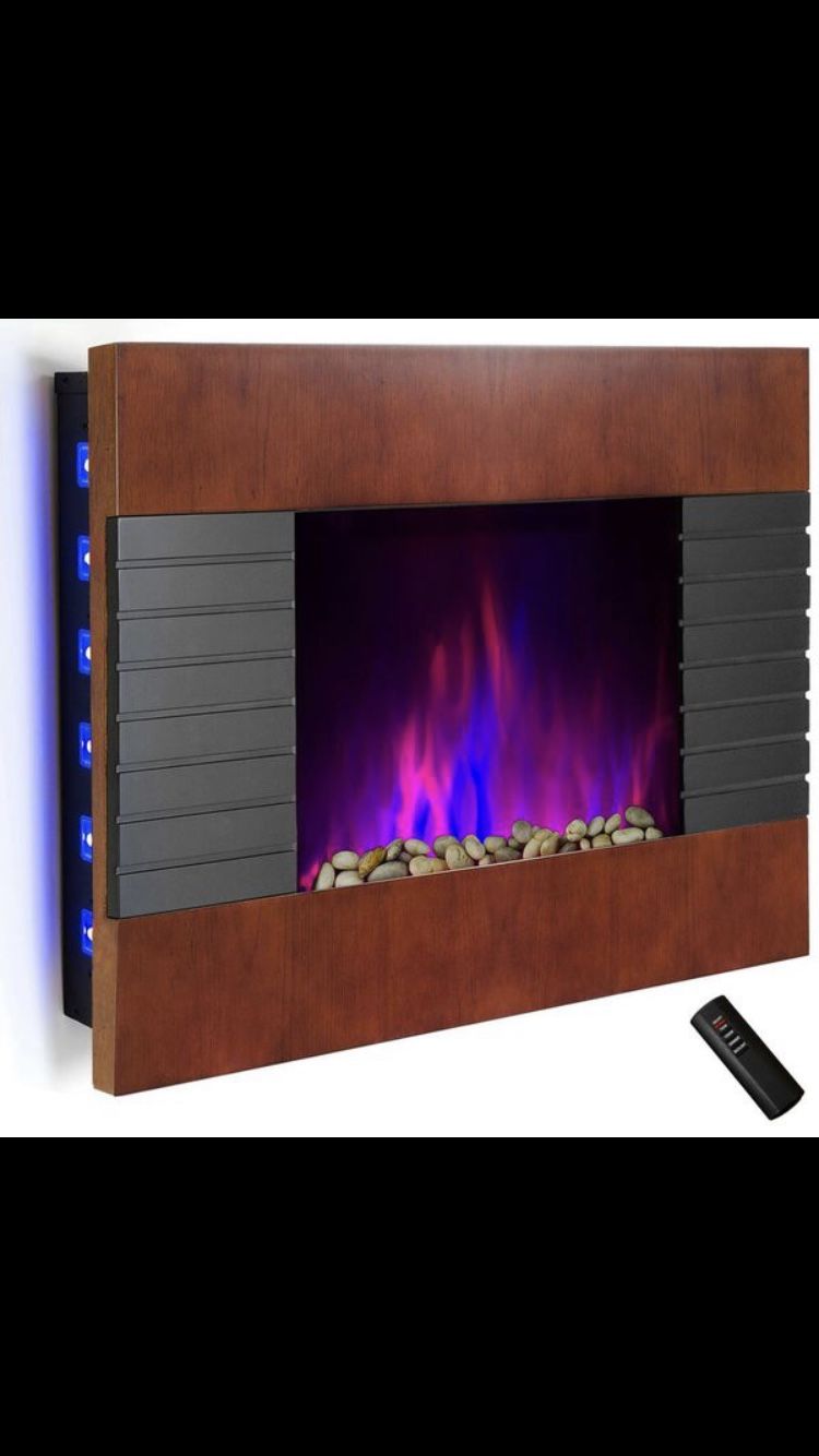 AKDY 36 in. Wall Mount Electric Fireplace Heater in Wooden Brown with Tempered Glass, Pebbles, Logs and Remote Control