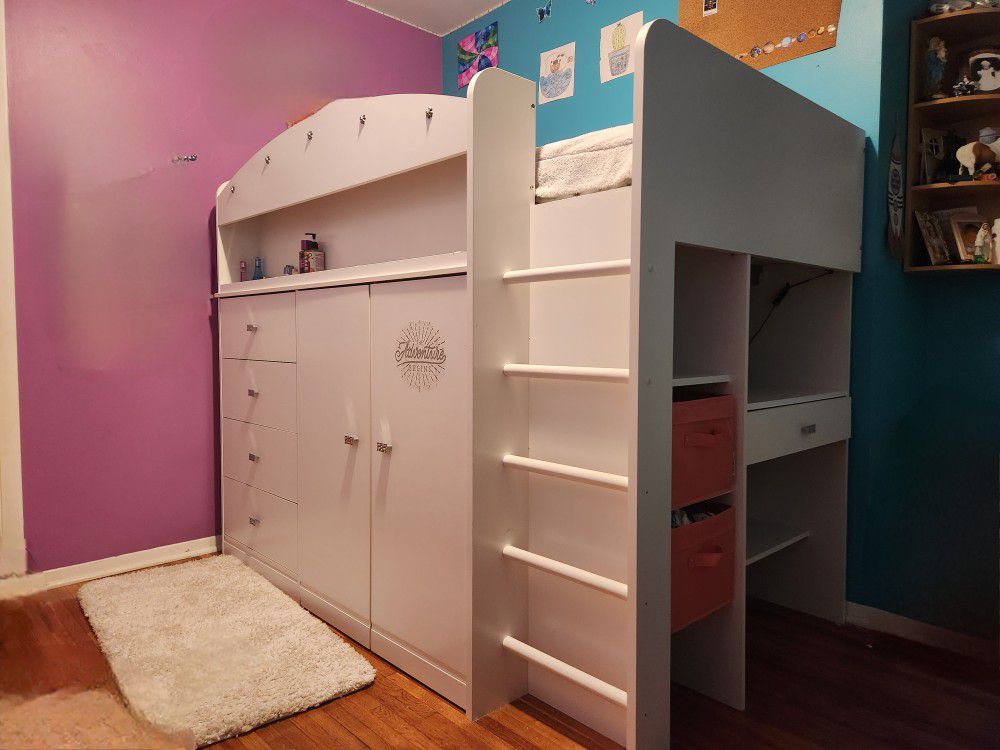 Twin Loft Bed With Closet, Drawers And Desk